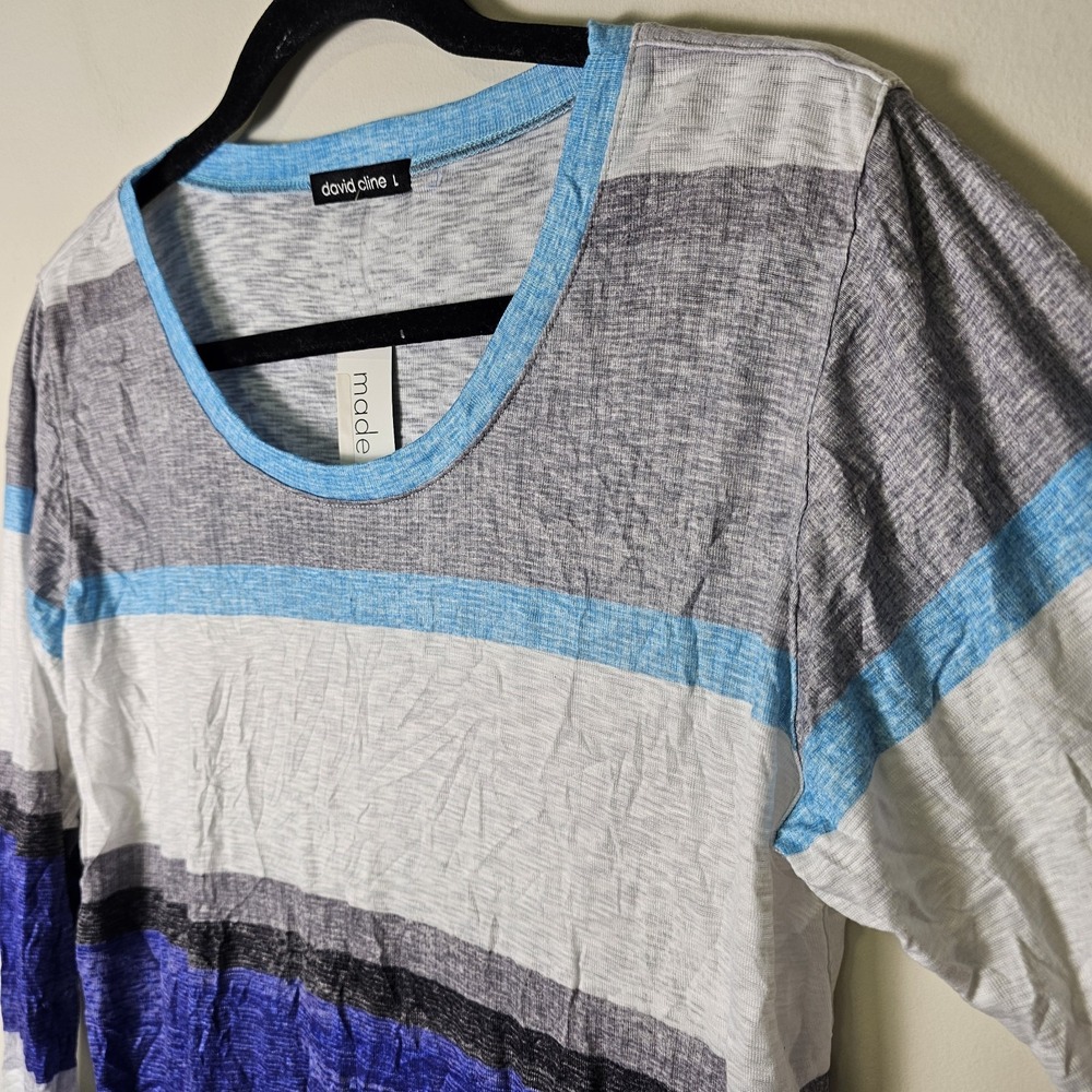 NWT David Cline L Crew Neck 3/4 Sleeve Blue Print Crushed Shirt Casual Coastal - Picture 4 of 9